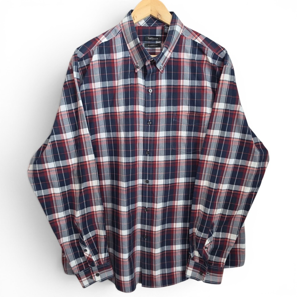 Van Heusen Dress Shirt Mens 18-18.5 XXL 2XL Blue Plaid Button Classic Fit Career